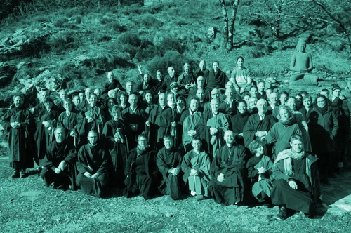 Groupe de pratiquants méditant ensemble dans un temple zen, ambiance concentrée et calme.